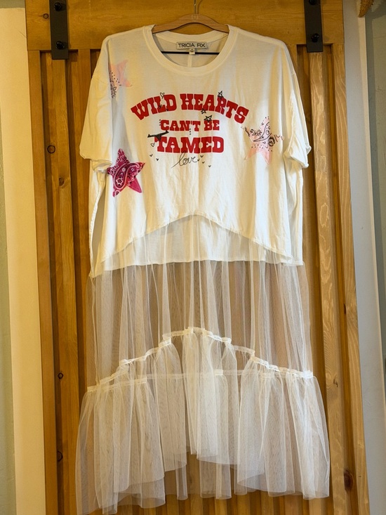 Tricia Fix Tops - Tricia Fix White Tee w/ Quilt Stars and Tulle Oversized